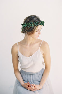 Portrait of woman wearing leaf crown