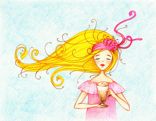 Hand drawn illustration of young beautiful woman in pink dress  drinks coffee by the color pencils