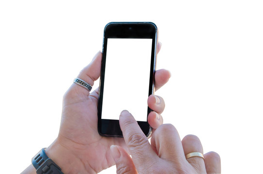 Woman touching a mobile phone blank screen