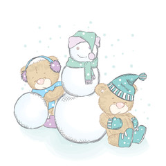 Vector illustration with cubs and a snowman. Drawing for cards, posters or prints on clothes. Cute teddy bears.