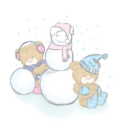 Vector illustration with cubs and a snowman. Drawing for cards, posters or prints on clothes. Cute teddy bears.