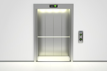Modern elevator with opened doors, 3D rendering - obrazy, fototapety, plakaty