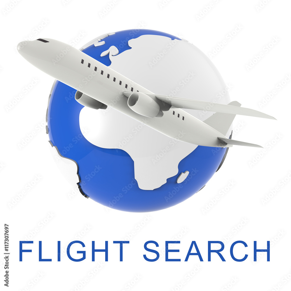 Poster flight search shows gathering data and air 3d rendering