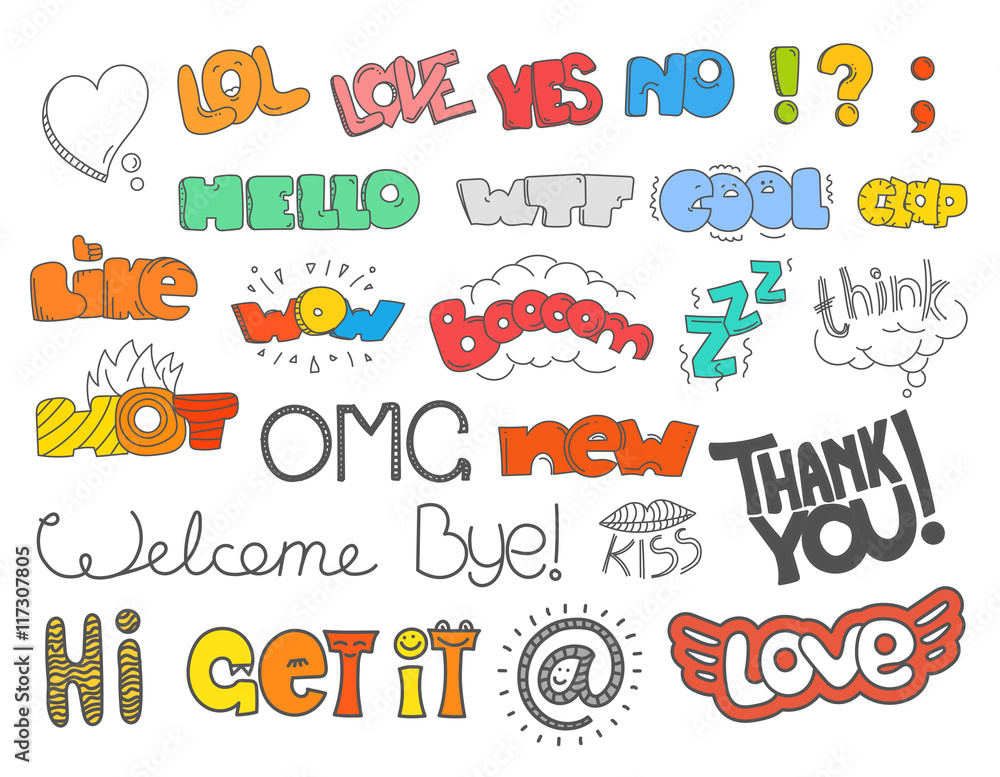 Poster different sketch style words collection. vector doodles set