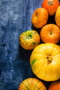  Pumpkins on blue background.