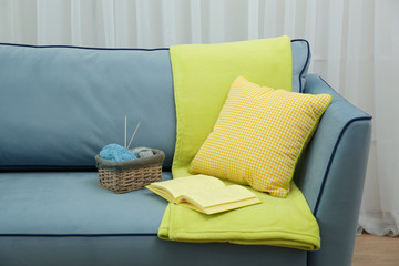 Comfortable sofa with pillow in the room