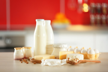Dairy products on kitchen table