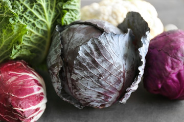 Obraz premium Different kinds of fresh cabbage, closeup