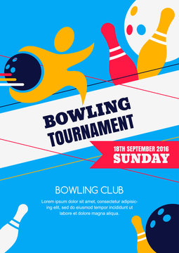 Vector bowling tournament banner, poster or flyer design template. Flat layout background with human silhouette, bowling ball and pins. Abstract illustration of bowling game.