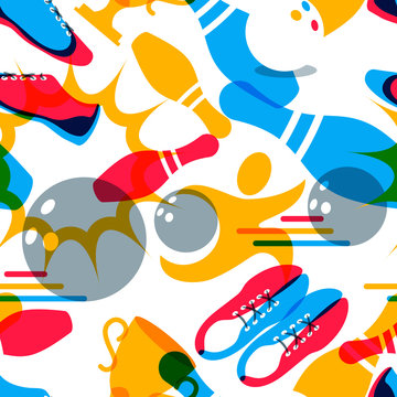 Vector bowling seamless pattern. Abstract colorful background and design elements. Bowling ball, bowling pins, shoes illustration. Design for fashion textile print, wrapping, web background.