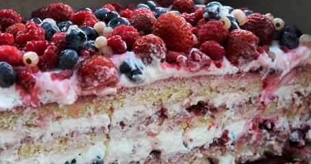 Delicious biscuit cake with fresh strawberries, raspberries, blueberries