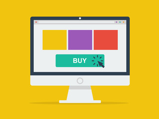 Online Shopping Concept. Desktop Computer on Yellow Background. Flat Design Style. 