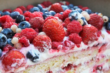 Delicious biscuit cake with fresh strawberries, raspberries, blueberries