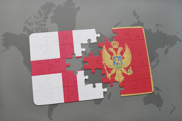 puzzle with the national flag of england and montenegro on a world map background.