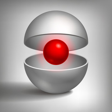 Vector volume hollow sphere, open shape, inside a red ball, abstract object for you project design