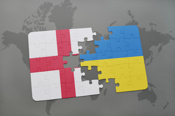 puzzle with the national flag of england and ukraine on a world map background.