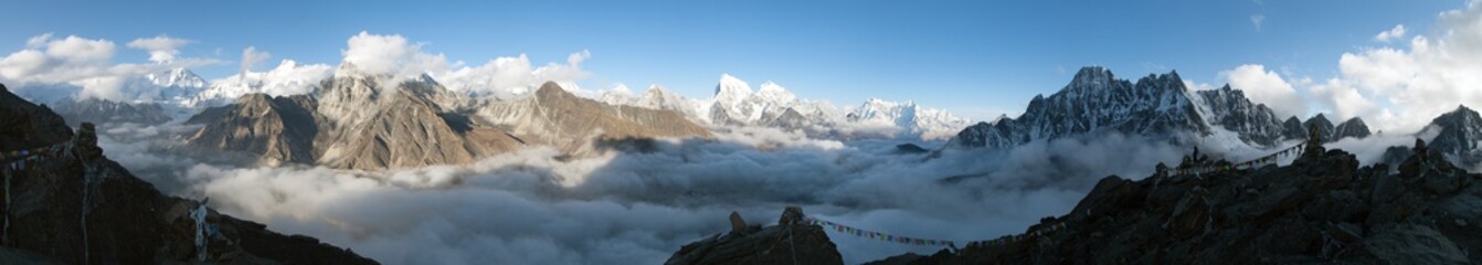panorama van de Mount Everest, Lhotse, Makalu en Cho Oyu