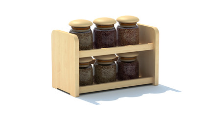 Spices in jars in a rack isolated on white background