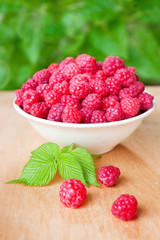 Ripe red raspberries in a bowl
