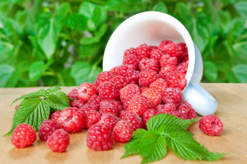 Ripe red raspberries in a bowl