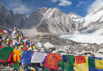 View from Mount Everest base camp with prayer flags