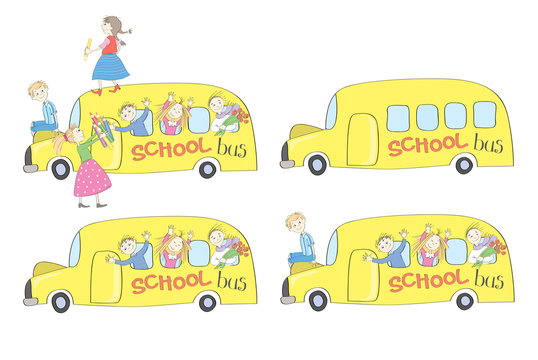 Yellow School Bus with Children. Vector set