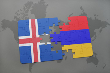 puzzle with the national flag of iceland and armenia on a world map background.