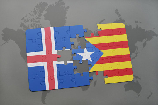 puzzle with the national flag of iceland and catalonia on a world map background.