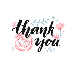 Obraz premium Thank you card design with brush calligraphy and hand drawn pastel pink flowers