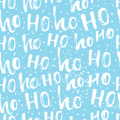 Hohoho pattern, Santa Claus laugh. Seamless texture for Christmas design. Vector blue background with lettering.