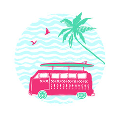 Pink car with surfing board and palm tree. Vector summer illustration.