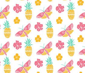 Tropical pattern with pineapple, flowers and butterfly. Pink, yellow and mint colors, diagonal direction. Summer textile motif. Seamless texture, tile included.