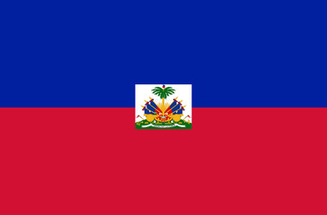 Vector flat style Republic of Haiti state flag. Official design of Haiti national flag. Symbol with stripes and coat of arms emblem. Independence day, holiday, button, template background illustration