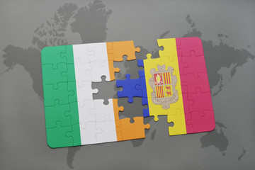 puzzle with the national flag of ireland and andorra on a world map background.