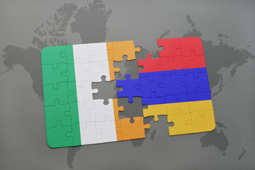 puzzle with the national flag of ireland and armenia on a world map background.