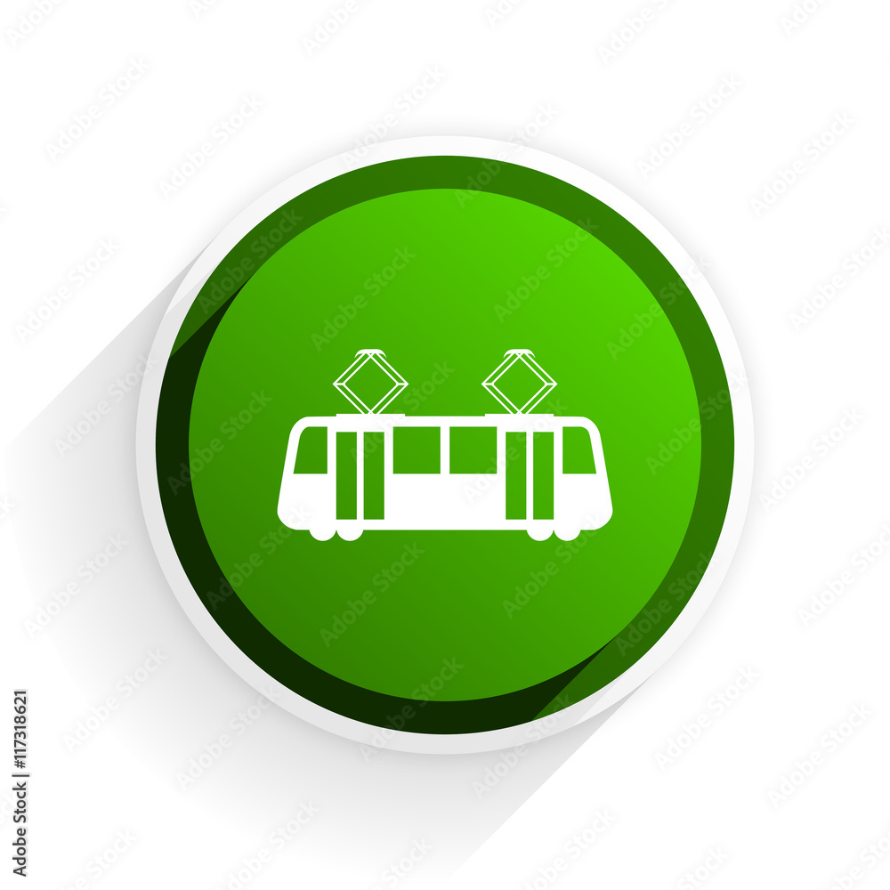 Poster tram flat icon with shadow on white background, green modern design web element