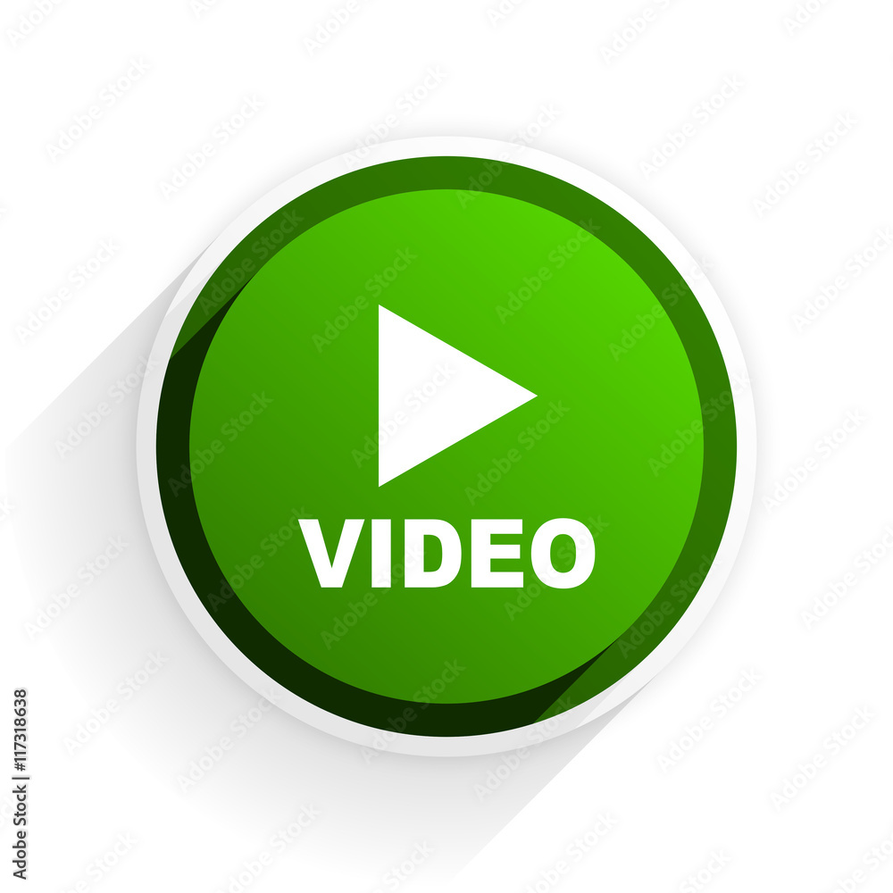 Poster video flat icon with shadow on white background, green modern design web element