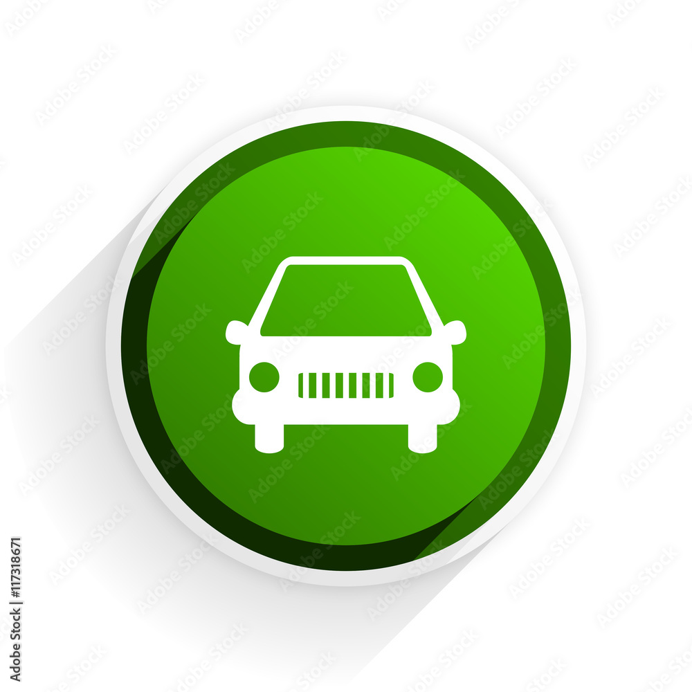 Poster car flat icon with shadow on white background, green modern design web element