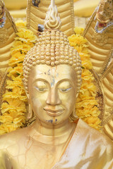 close up ,golden Buddha statue.Buddha and nine-serpent heads  at Not been restored