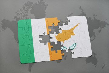 puzzle with the national flag of ireland and cyprus on a world map background.