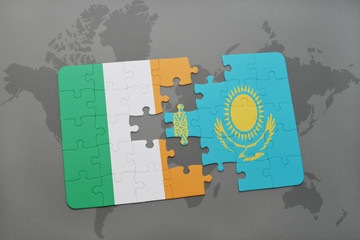 puzzle with the national flag of ireland and kazakhstan on a world map background.