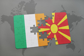 puzzle with the national flag of ireland and macedonia on a world map background.