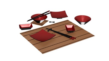 Sushi set with chopsticks, dishes isolated on white background