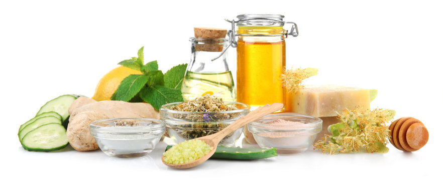 Natural ingredients for skin care on white background