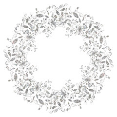 Circle silver floral frame in doodle style