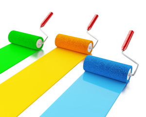 3d Paint rollers with colours blue, green and yellow.