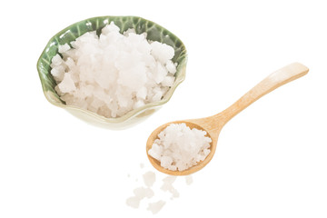sea salt on wooden spoon and bowl