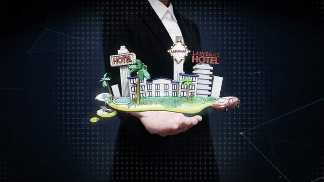 Businesswoman open palm, Holiday of Lasvagas hotel icon, casino, swimming, city tour. illustration style.
