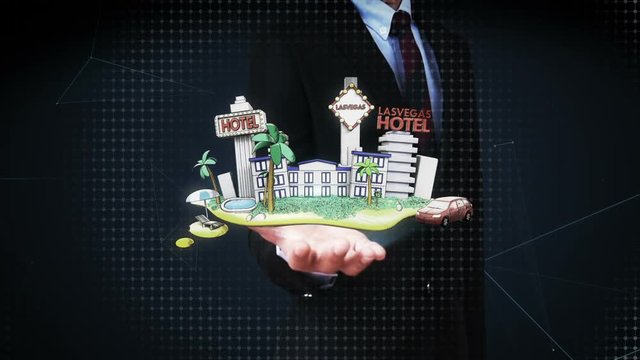 Businessman open palm, Holiday of Lasvagas hotel icon, casino, swimming, city tour. illustration style.
