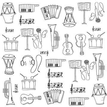 Music element doodles set on white backgrounds